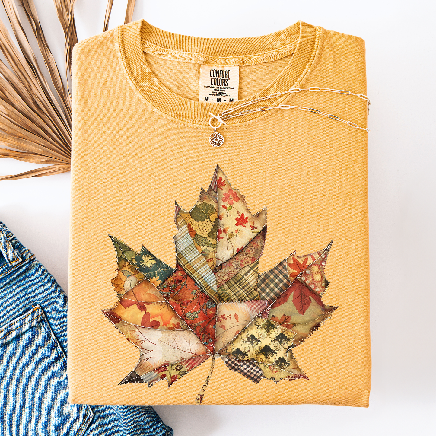 Yellow Autumn Leaf, Faux Quilt Leaves, Fall, Thanksgiving, Comfort Colors T-Shirt