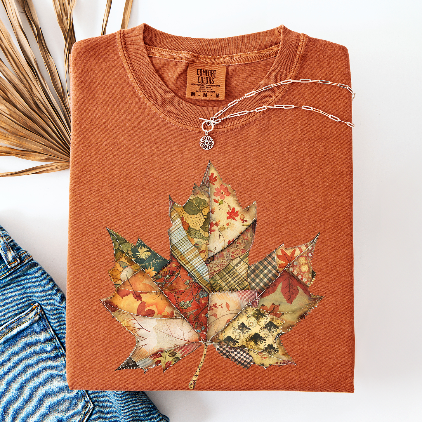 Orange Autumn Leaf, Faux Quilt Leaves, Fall, Thanksgiving, Comfort Colors T-Shirt