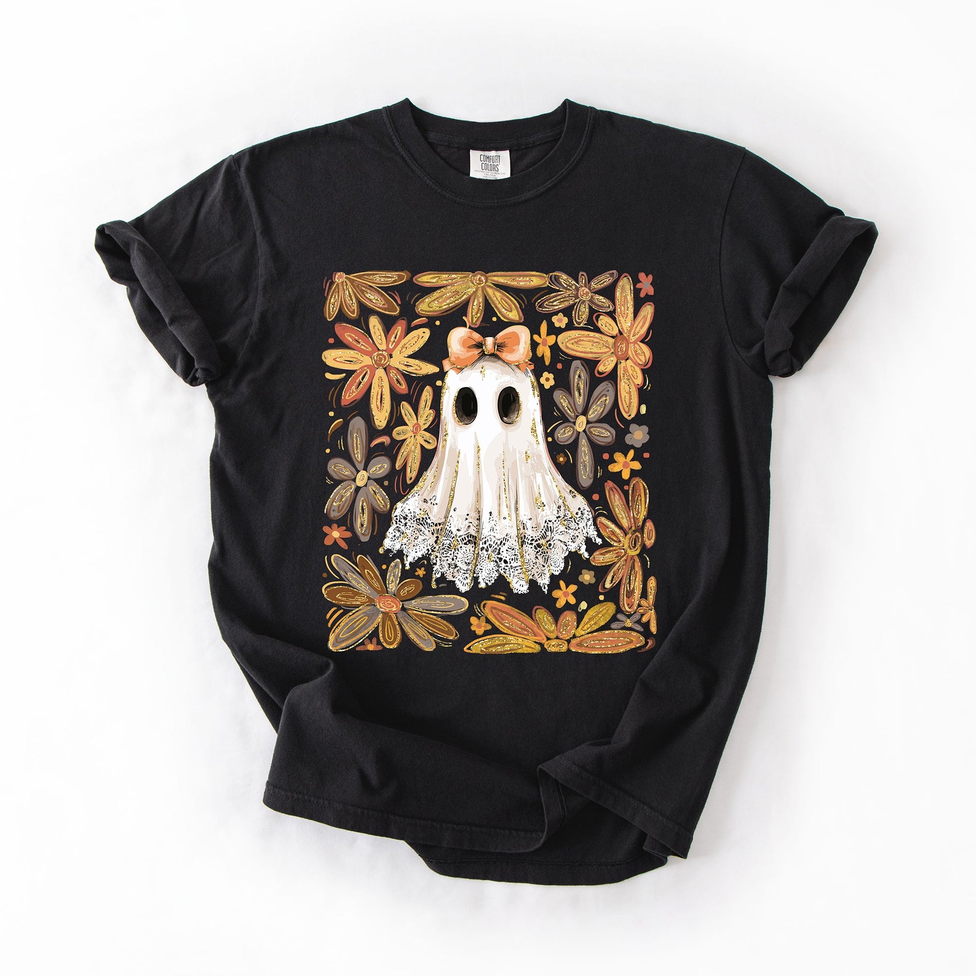 Black Beautiful Halloween, Flowers, Coquette Ghost, Comfort Colors T-Shirt