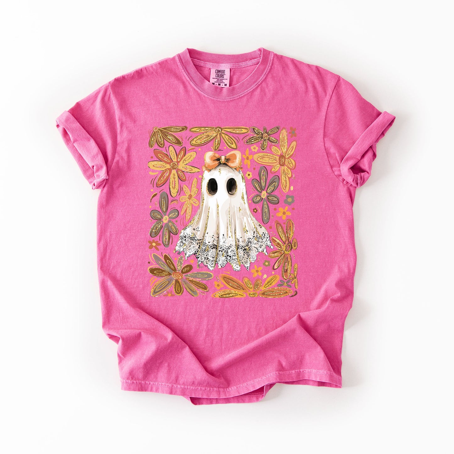 Bright pink Beautiful Halloween, Flowers, Coquette Ghost, Comfort Colors T-Shirt