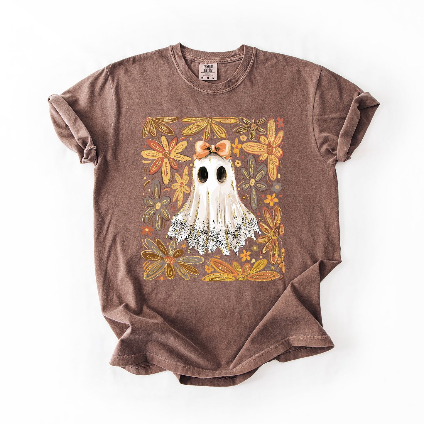 Brown Beautiful Halloween, Flowers, Coquette Ghost, Comfort Colors T-Shirt