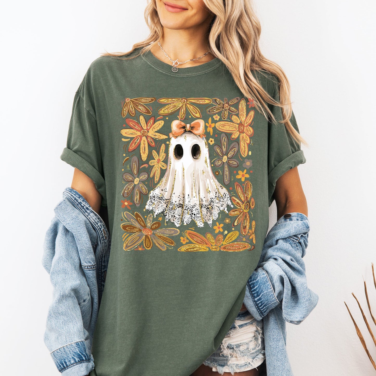 Moss green Beautiful Halloween, Flowers, Coquette Ghost, Comfort Colors T-Shirt