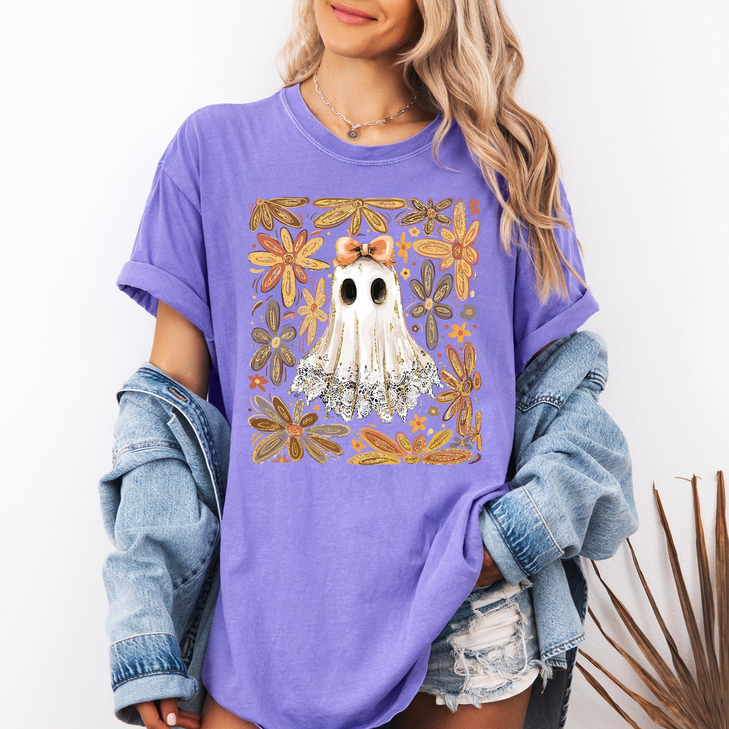 Violet Purple Beautiful Halloween, Flowers, Coquette Ghost, Comfort Colors T-Shirt