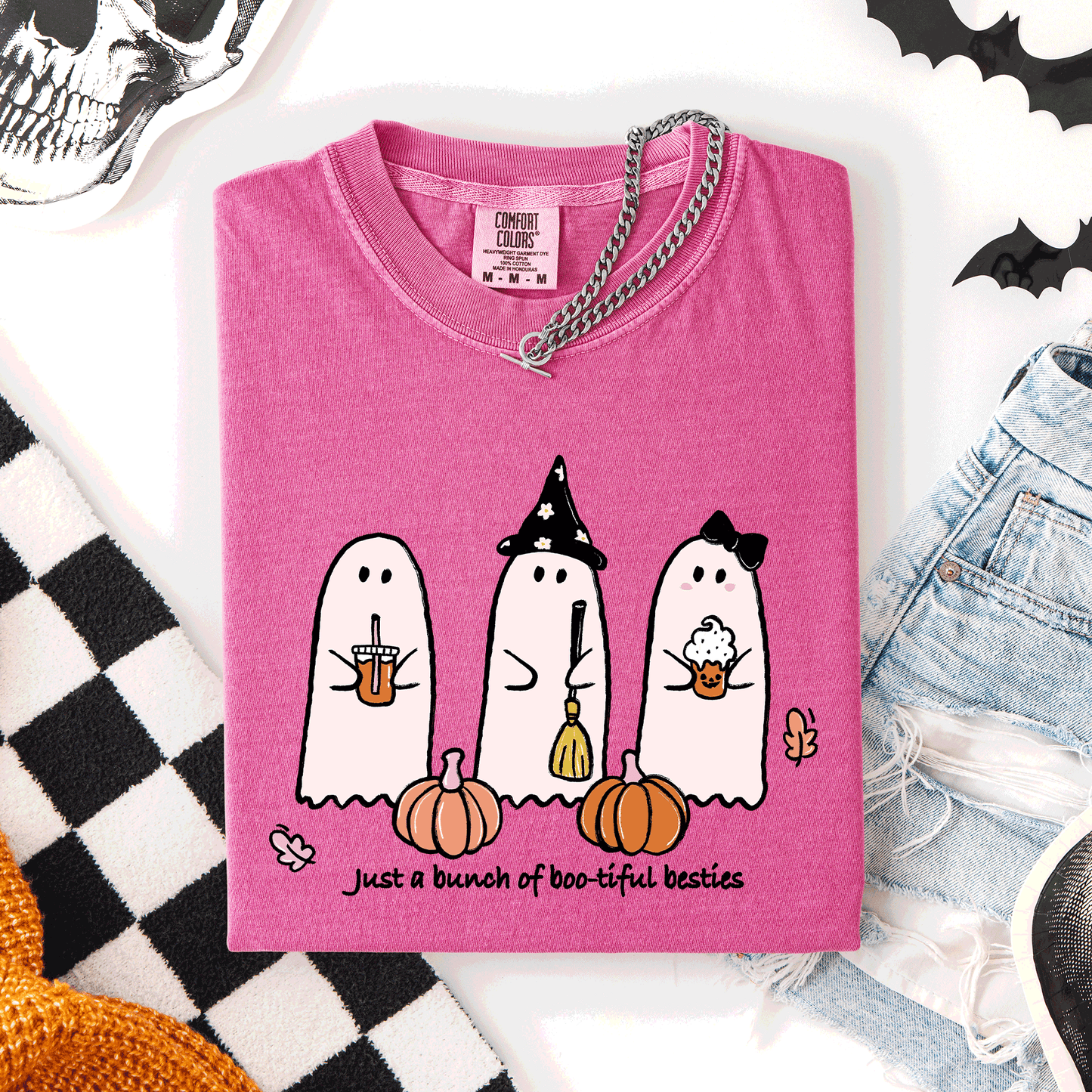 Pink Besties, Halloween, Ghosts, Cute, Witch, Pumpkin, Comfort Colors T-Shirt