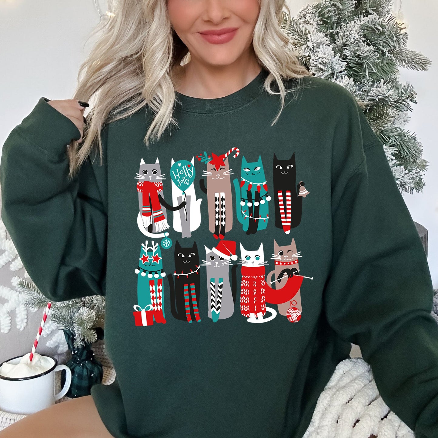 Forest Green Christmas Cats Cute Sweatshirt