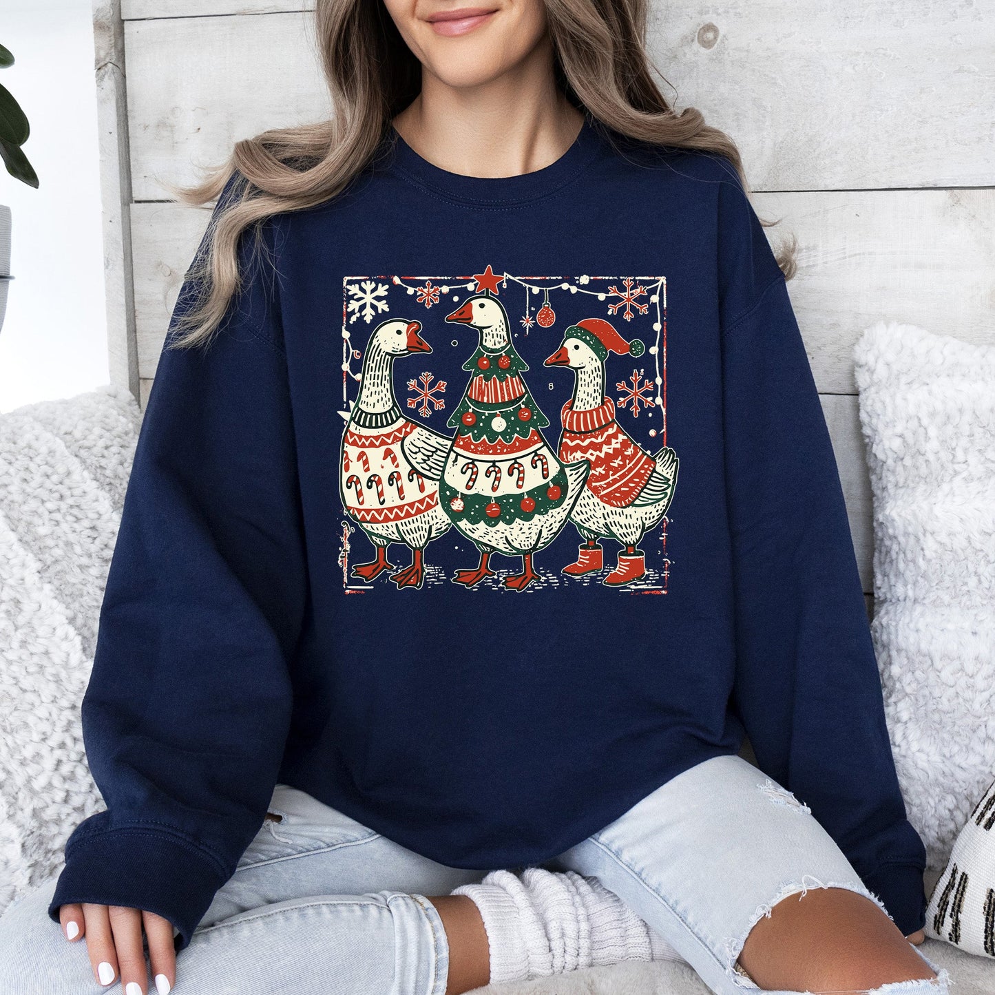 Navy Blue Christmas Geese, Sweaters, Funny, Adorable, Cute, Retro Sweatshirt