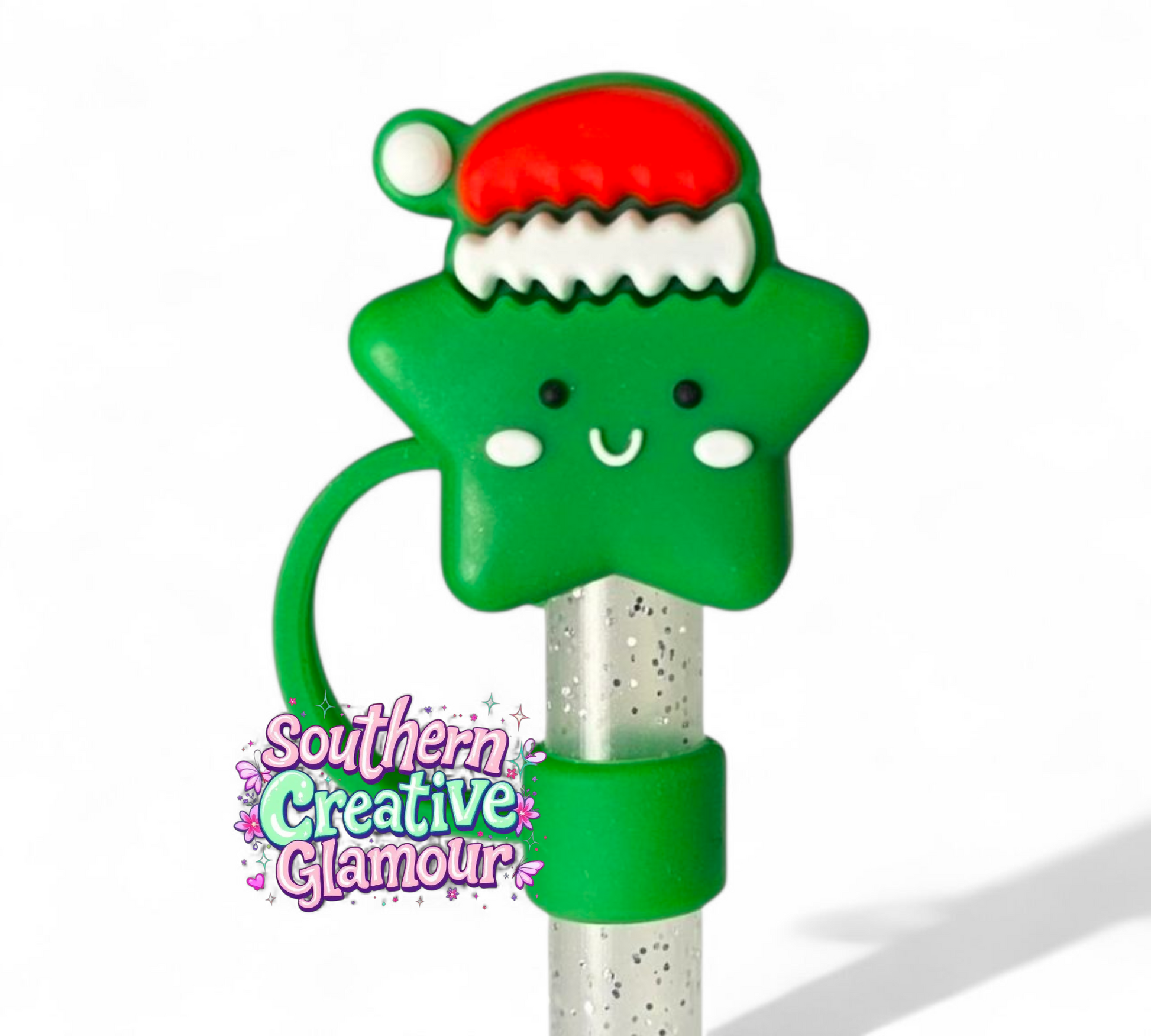 Green Christmas Star Silicone 10mm Straw Topper by Southern Creative Glamour 