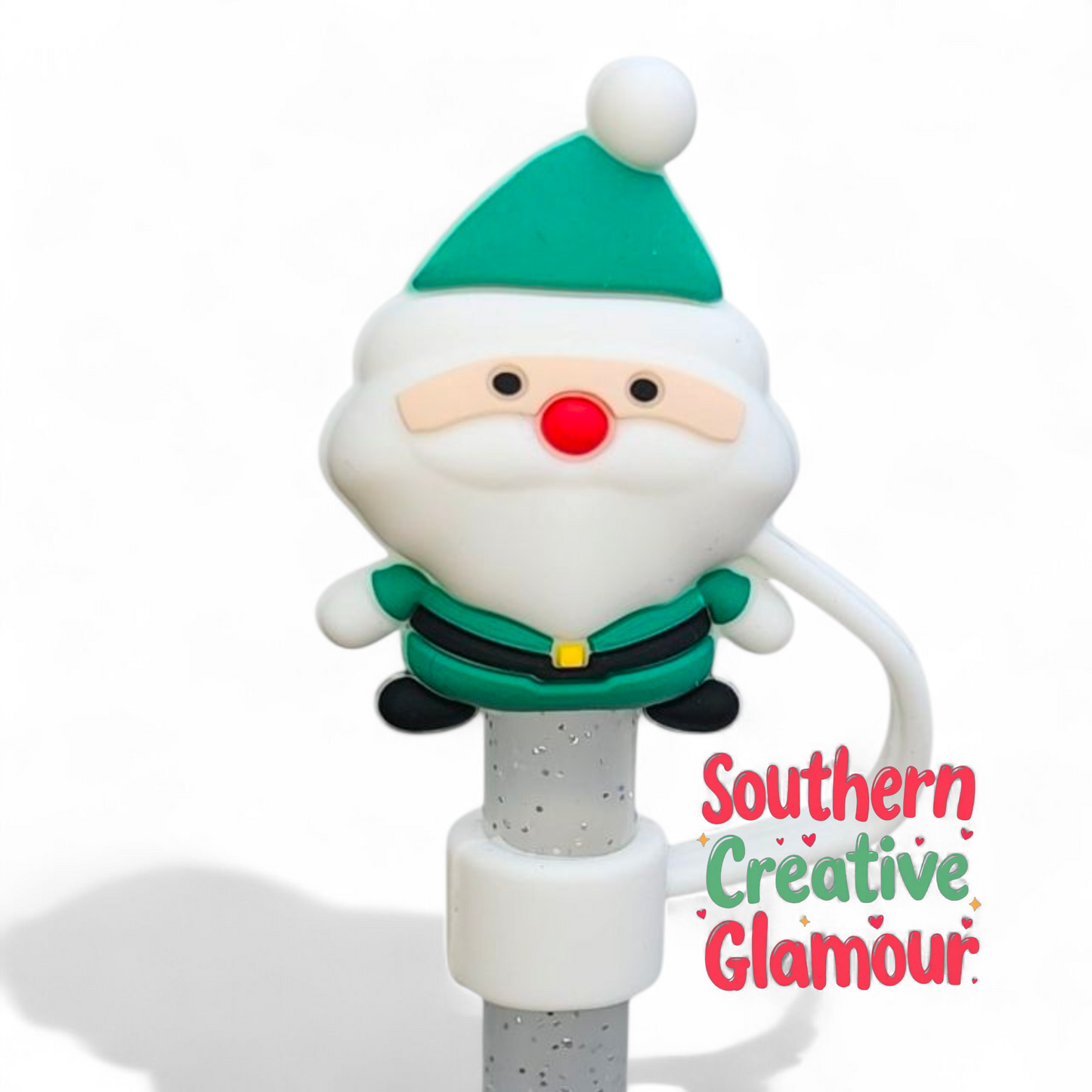 Holiday Christmas Green Santa Clause Gnome 3D Silicone Straw Topper by Southern Creative Glamour
