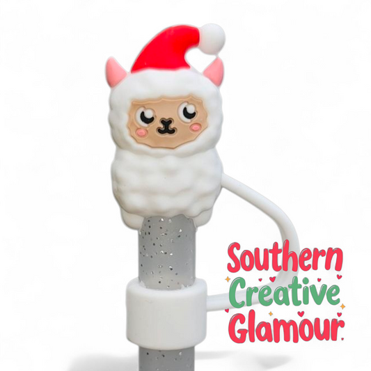 Cute white Llama wearing a red Santa Hat Silicone 10mm Straw Topper by Southern Creative Glamour 
