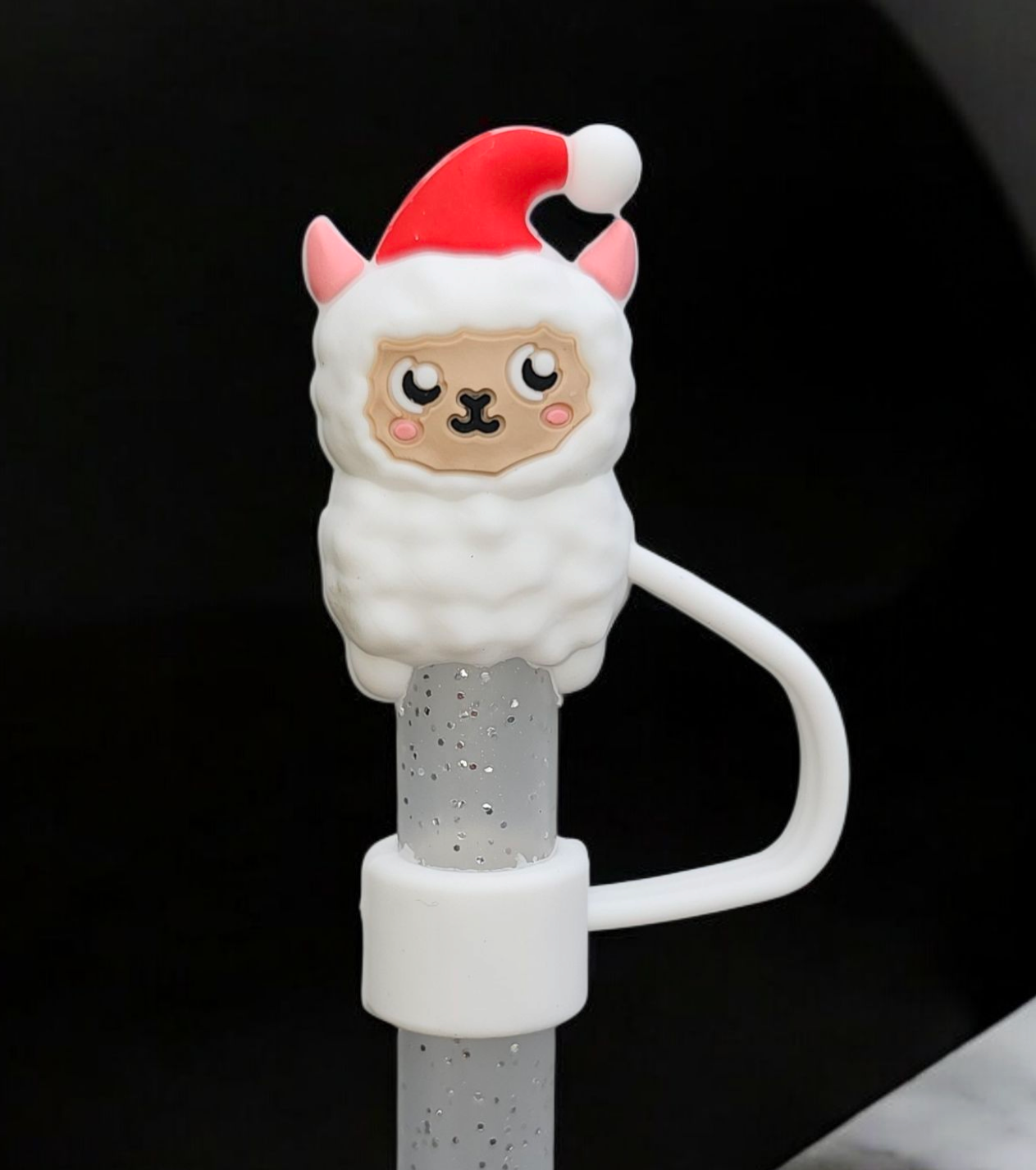 Christmas white Llama 3D Silicone straw topper 
