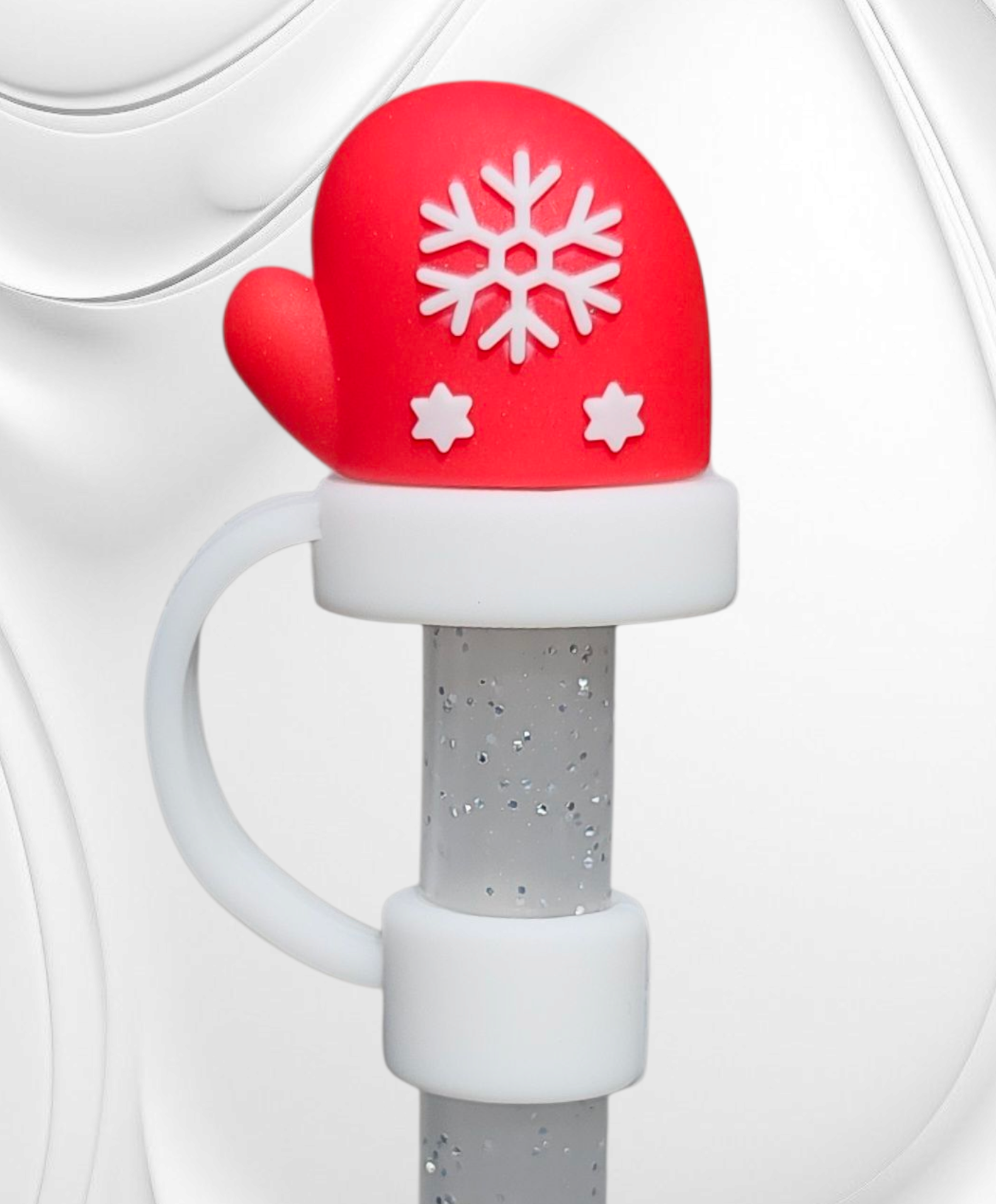 Red and White Christmas Snowflake Mitten 3D Silicone Straw Topper 