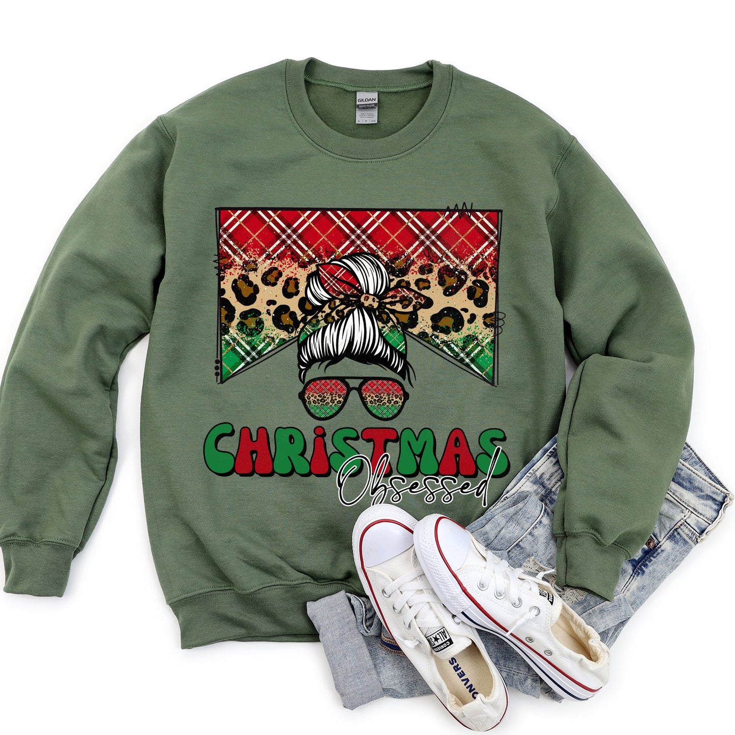 Military green Christmas Obsessed Leopard Print Sweatshirt