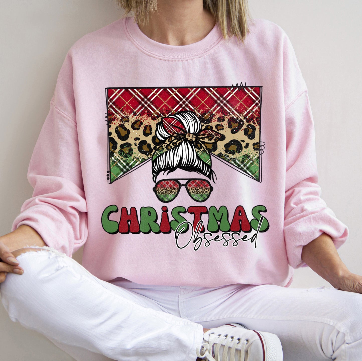 Light Pink Christmas Obsessed Leopard Print Sweatshirt