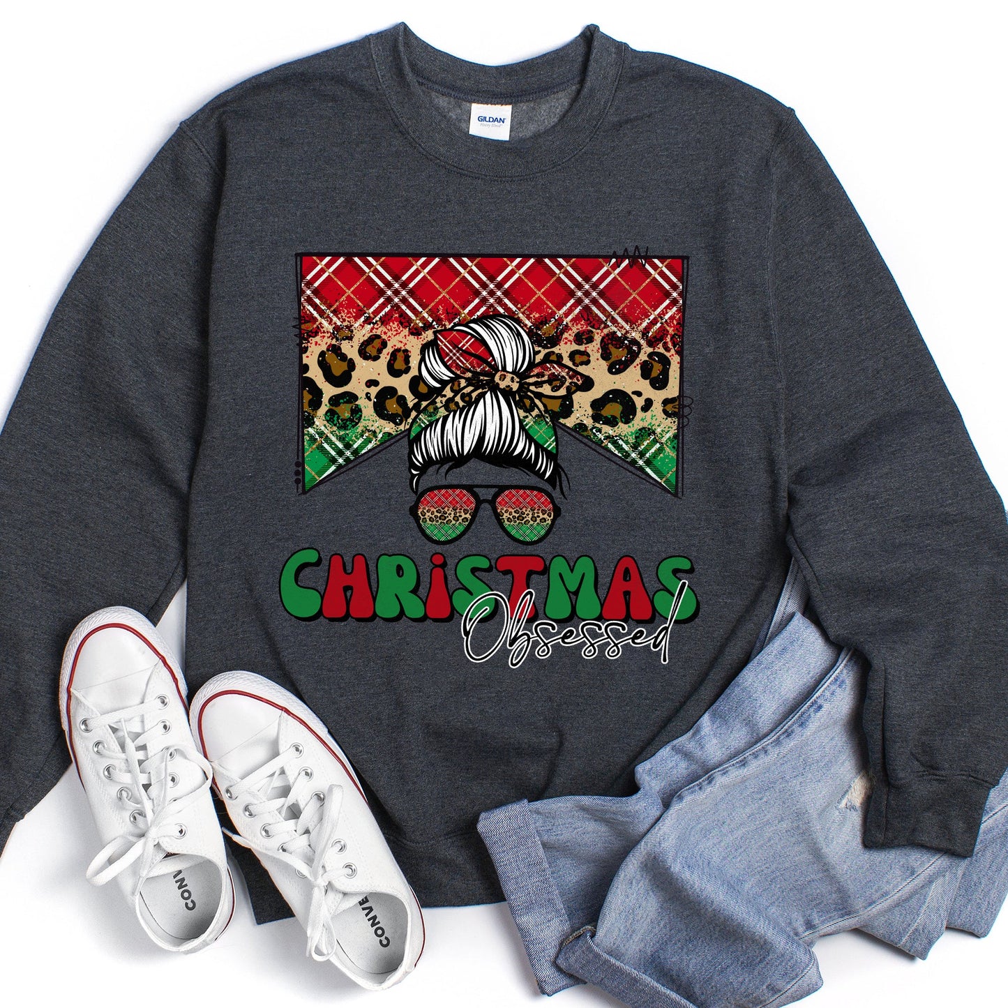 Dark Heather Gray Christmas Obsessed Leopard Print Sweatshirt