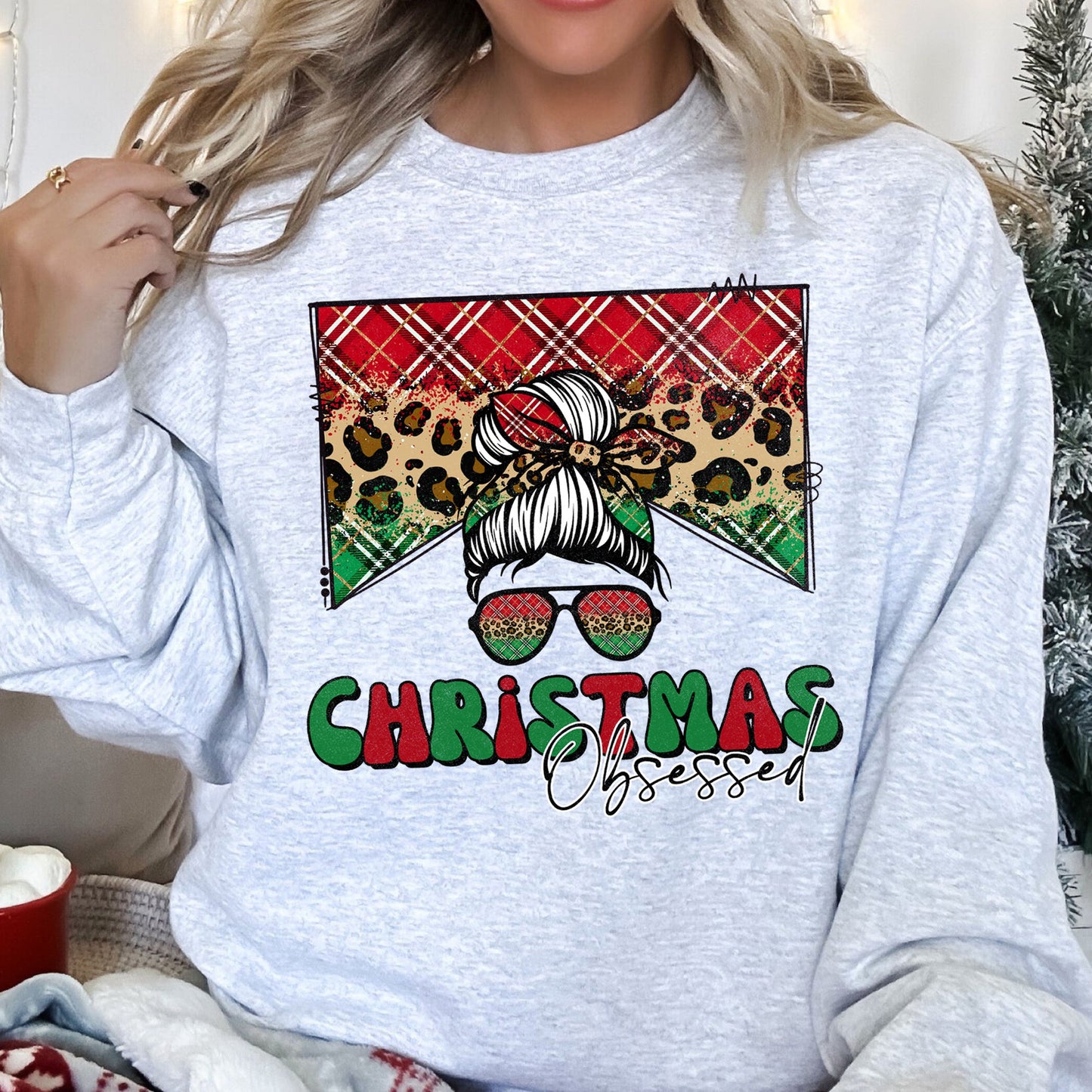 Light Ash Gray Christmas Obsessed Leopard Print Sweatshirt