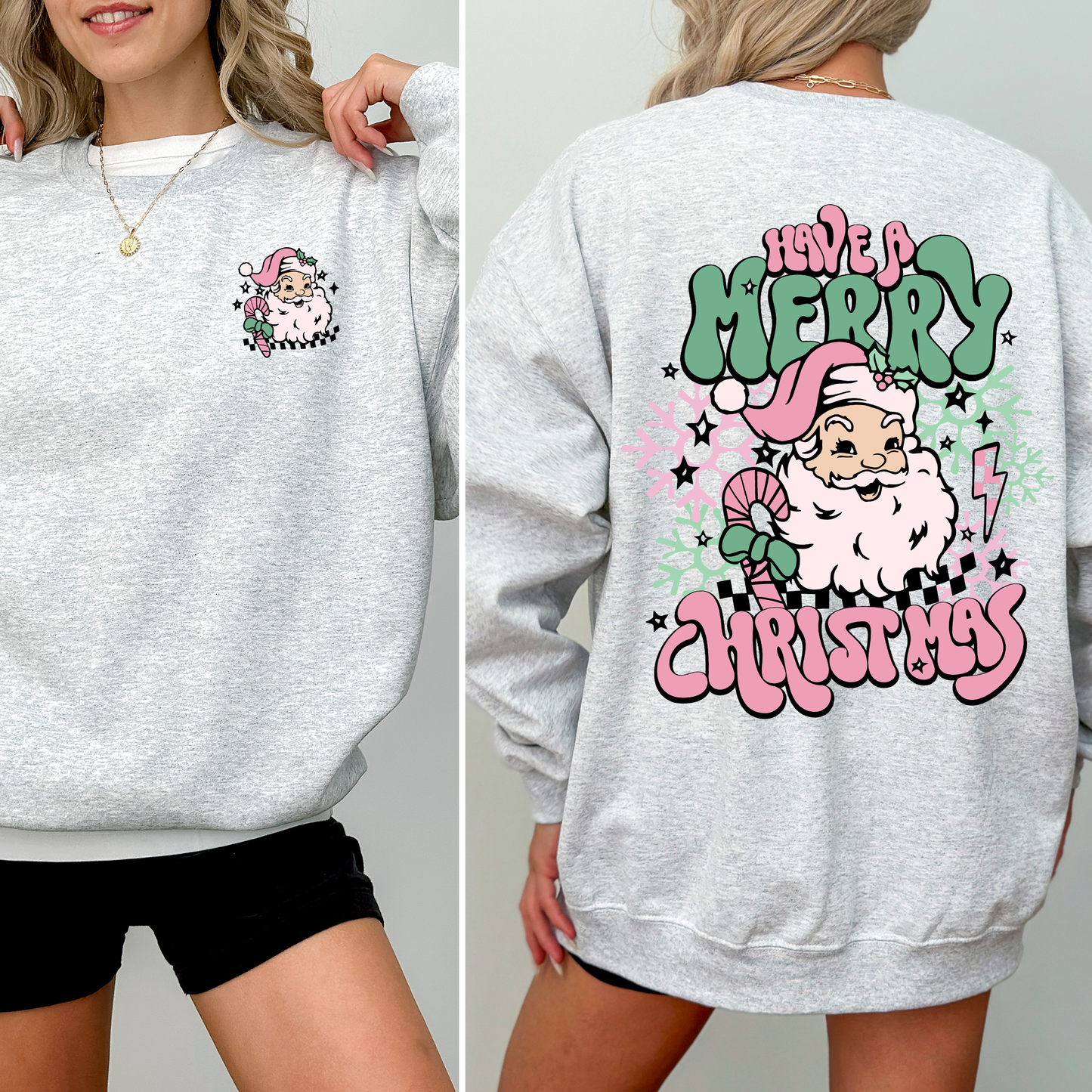 Light Ash Gray Have A Merry Christmas, Retro, Front and Back, Santa, Trendy Sweatshirt