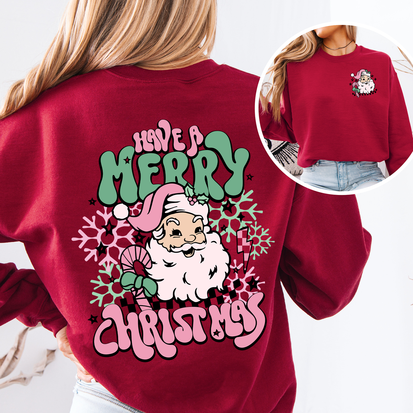 Red Have A Merry Christmas, Retro, Front and Back, Santa, Trendy Sweatshirt
