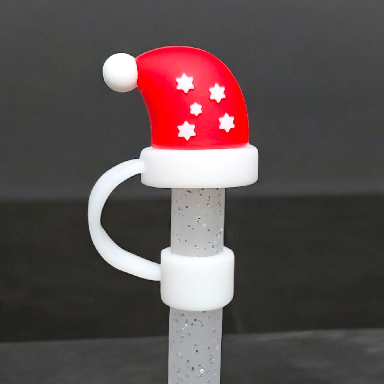 Red and White Christmas Santa Hat 3D Silicone Straw Topper 
