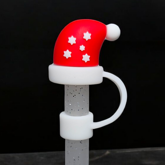 Red and White Christmas Santa Hat 3D Silicone Straw Topper 