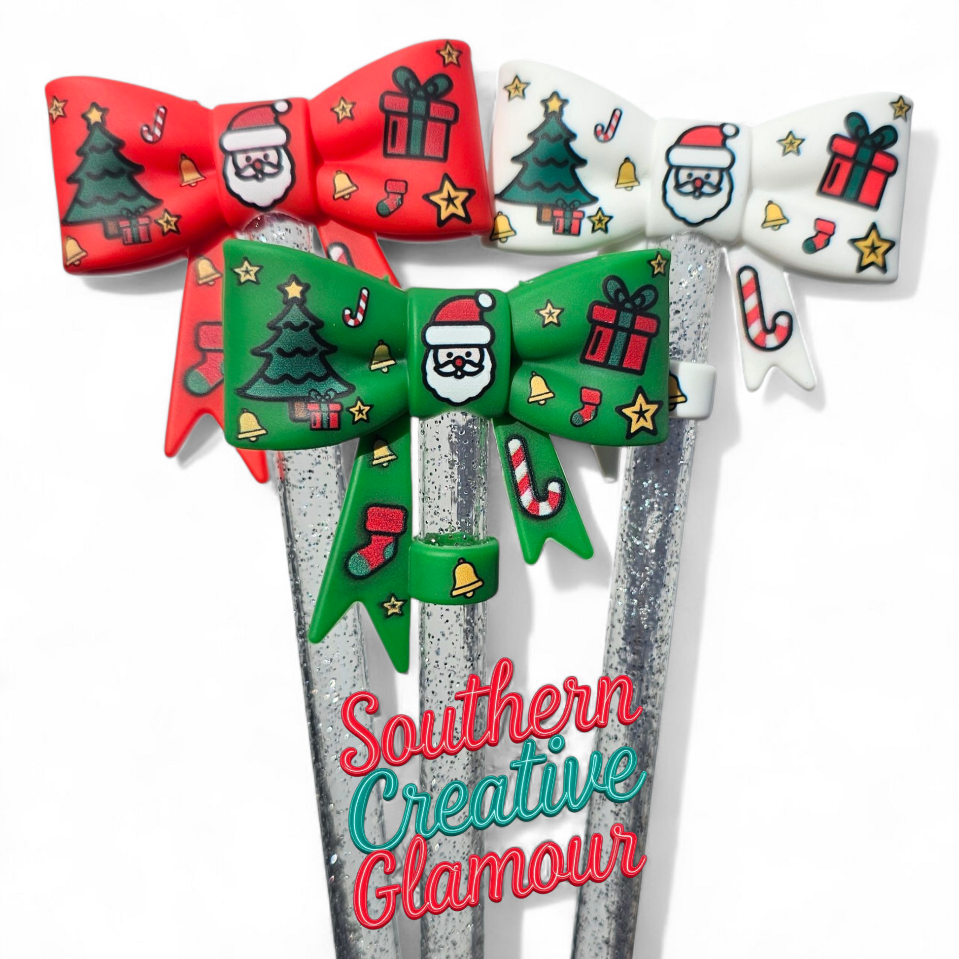 Christmas Santa 3D Bow Silicone 10mm Straw Toppers by Creative Glamour 