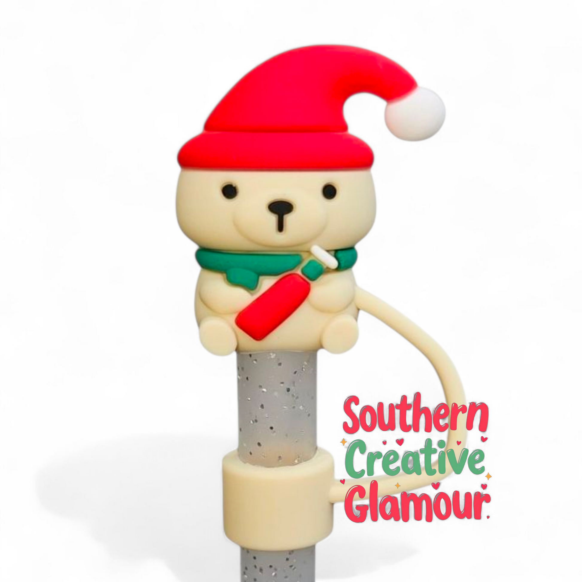 Holiday Christmas 3D Teddy Bear Silicone Straw Topper by Southern Creative Glamour 