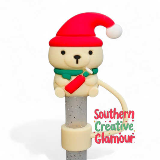 Holiday Christmas 3D Teddy Bear Silicone Straw Topper by Southern Creative Glamour 