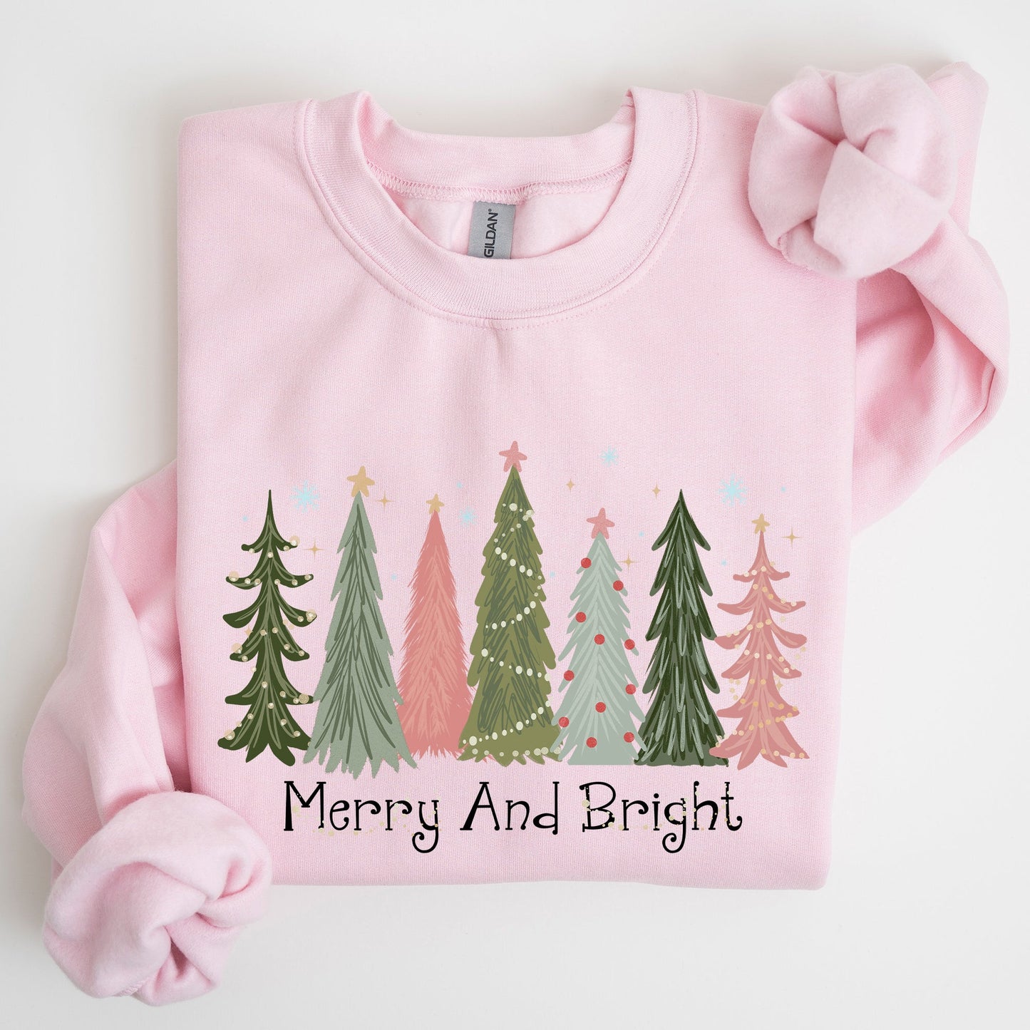 Light Pink Christmas-tree-merry-and-bright-black-graphic-sweatshirt