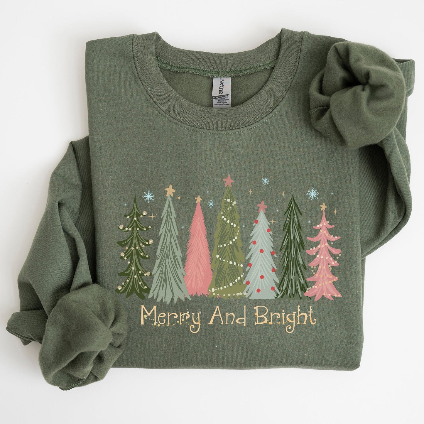 Military green Merry and Bright, Christmas Trees, Winter, Snow, Xmas Sweatshirt