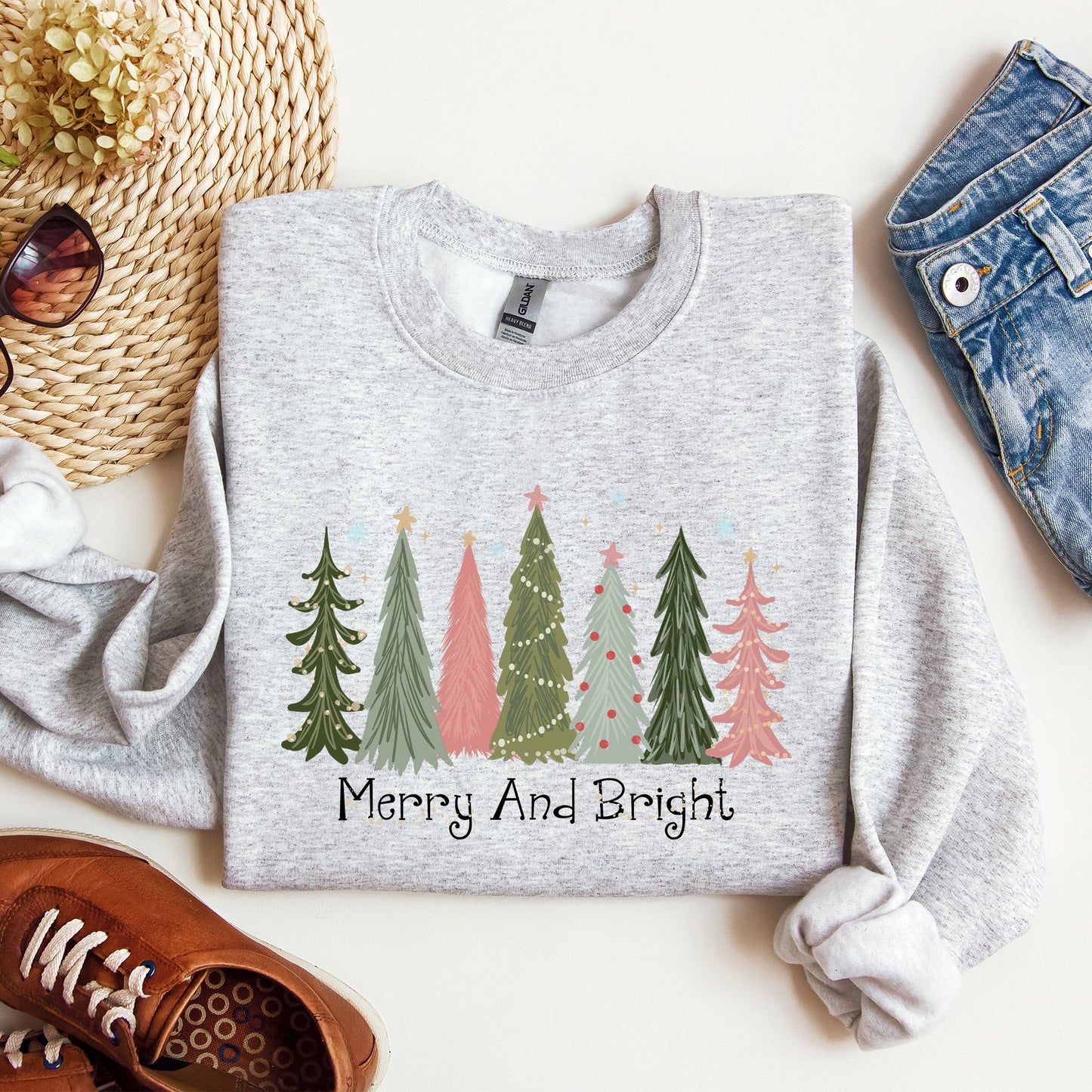 Light gray Merry and Bright, Christmas Trees, Winter, Snow, Xmas Sweatshirt
