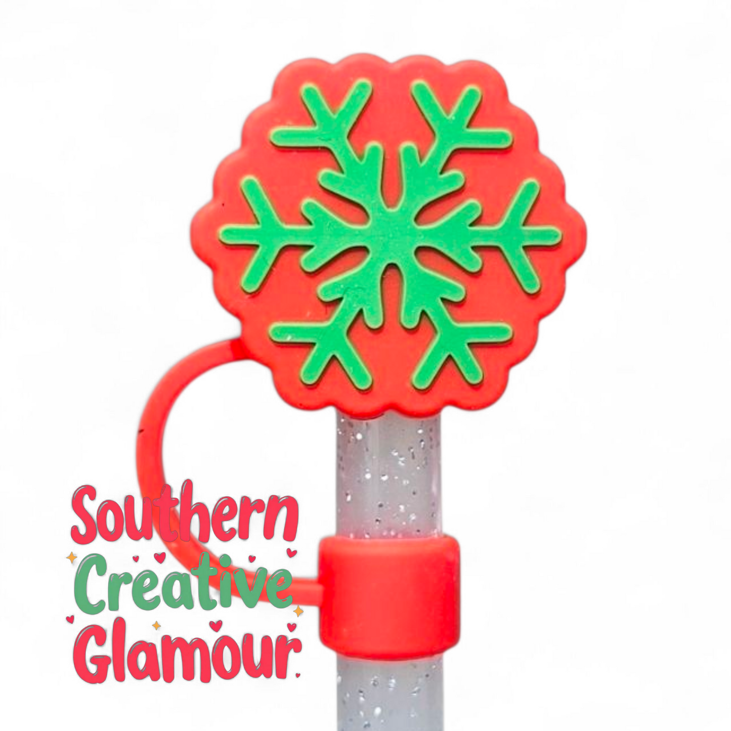 Red and Green 3D Snowflake Silicone 10mm Straw Topper Southern Creative Glamour 