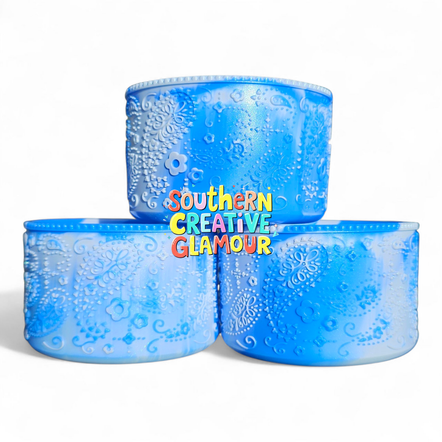 Cinderella Blue Swirl Shimmer Silicone Tumbler Boot with 3D Textured Floral and Paisley Design by Southern Creative Glamour. 