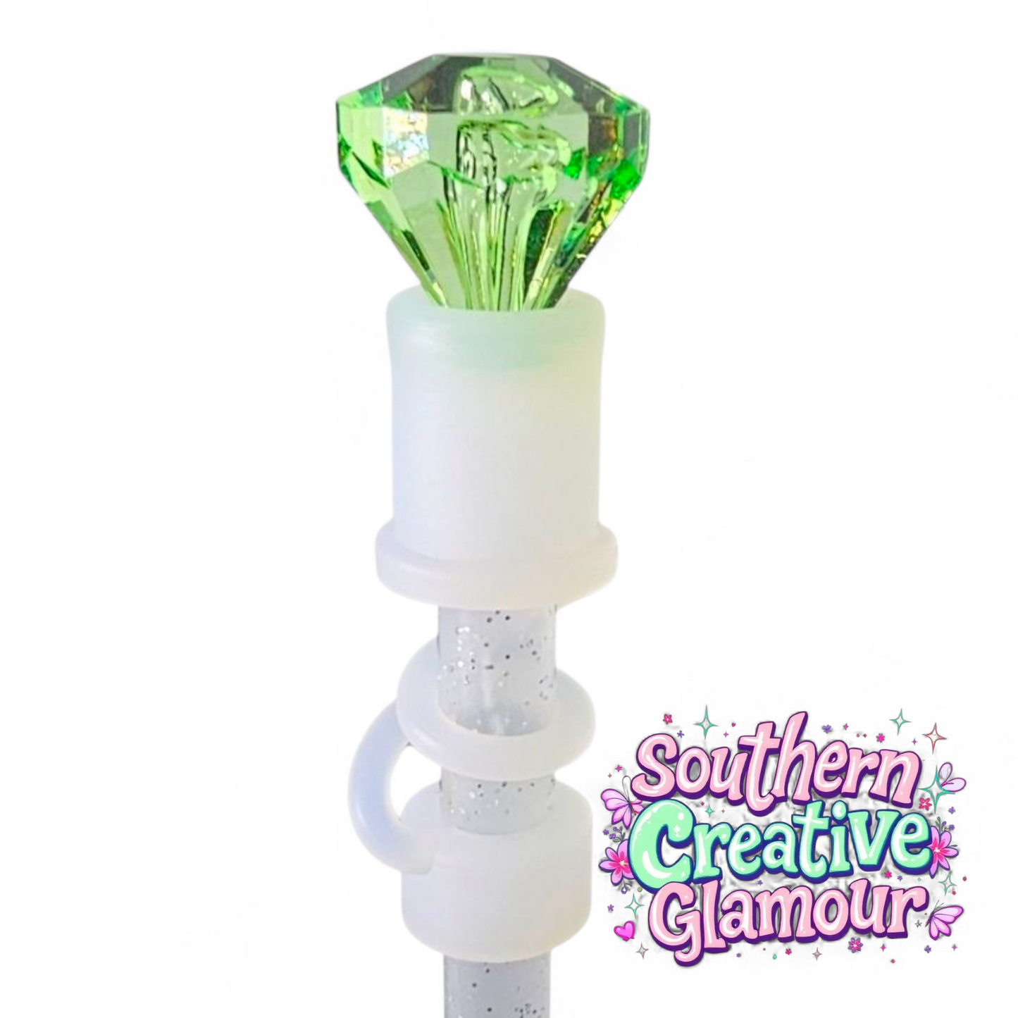 Green Diamond with Semi-transparent Silicone Straw Topper Base | 10mm Straw Topper | Straw Cover by Southern Creative Glamour 