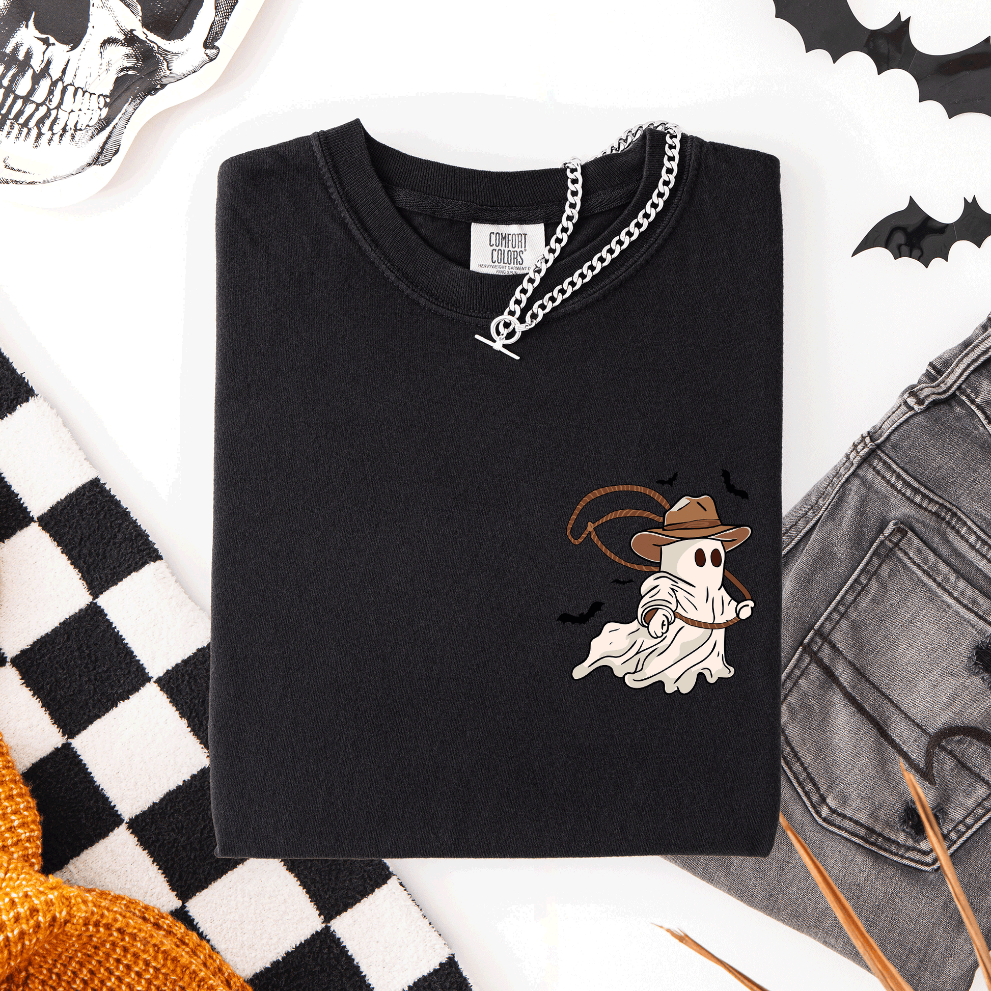 Black Cowboy Ghost, Lasso, Halloween, Cute, Western, Country, Pocket, Comfort Colors T-Shirt