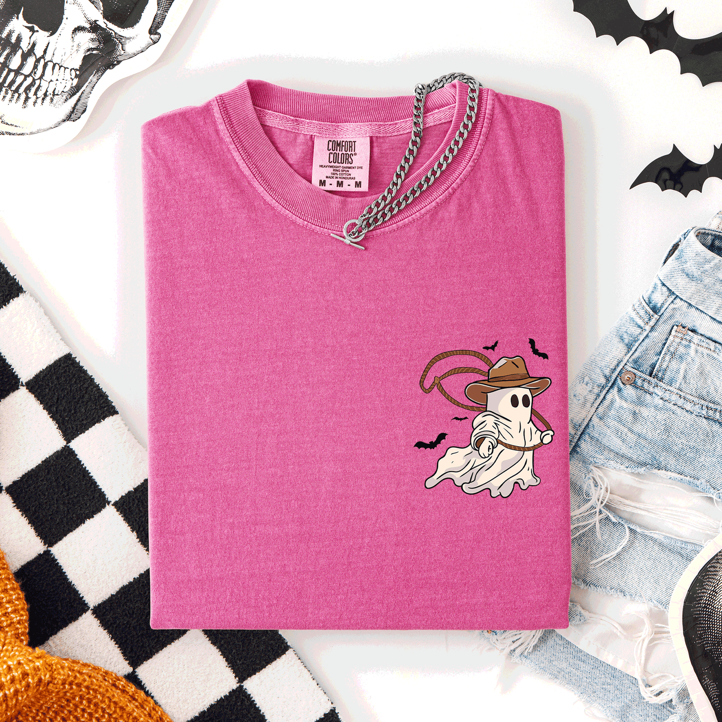 Pink Cowboy Ghost, Lasso, Halloween, Cute, Western, Country, Pocket, Comfort Colors T-Shirt