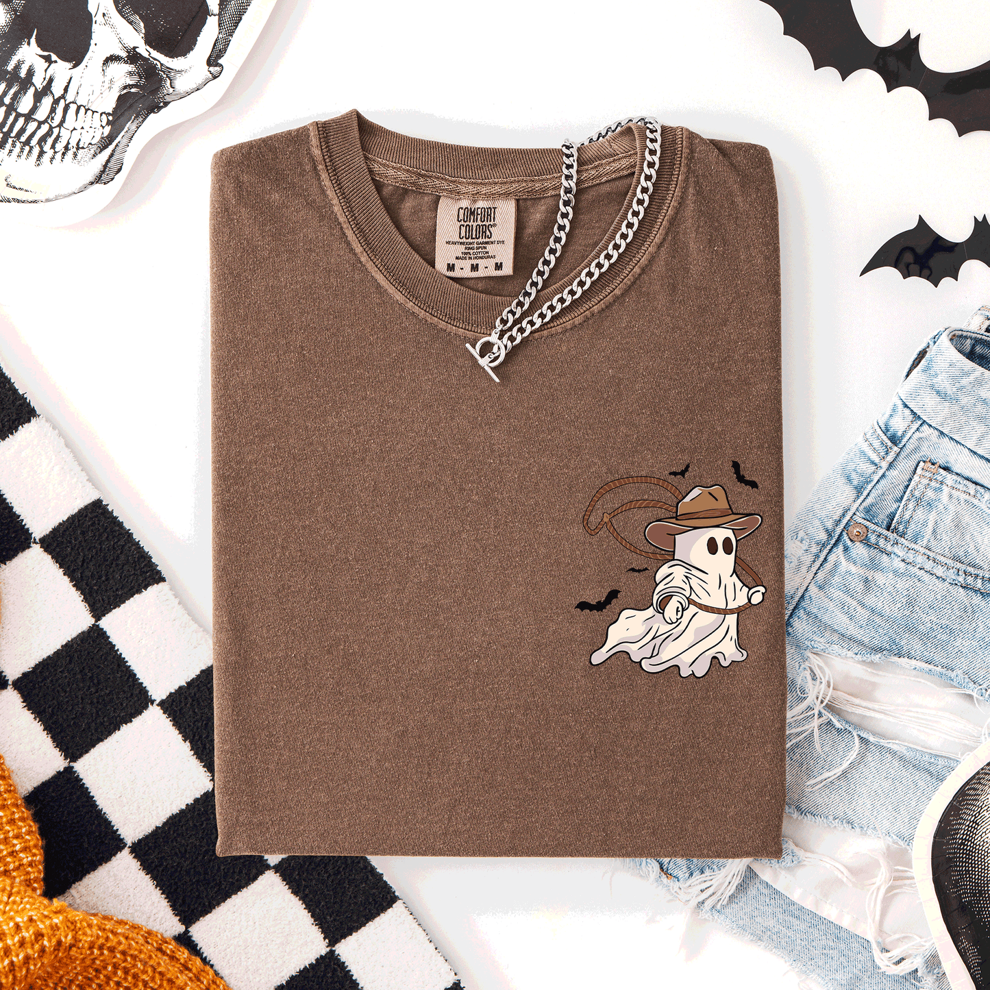 Brown Cowboy Ghost, Lasso, Halloween, Cute, Western, Country, Pocket, Comfort Colors T-Shirt
