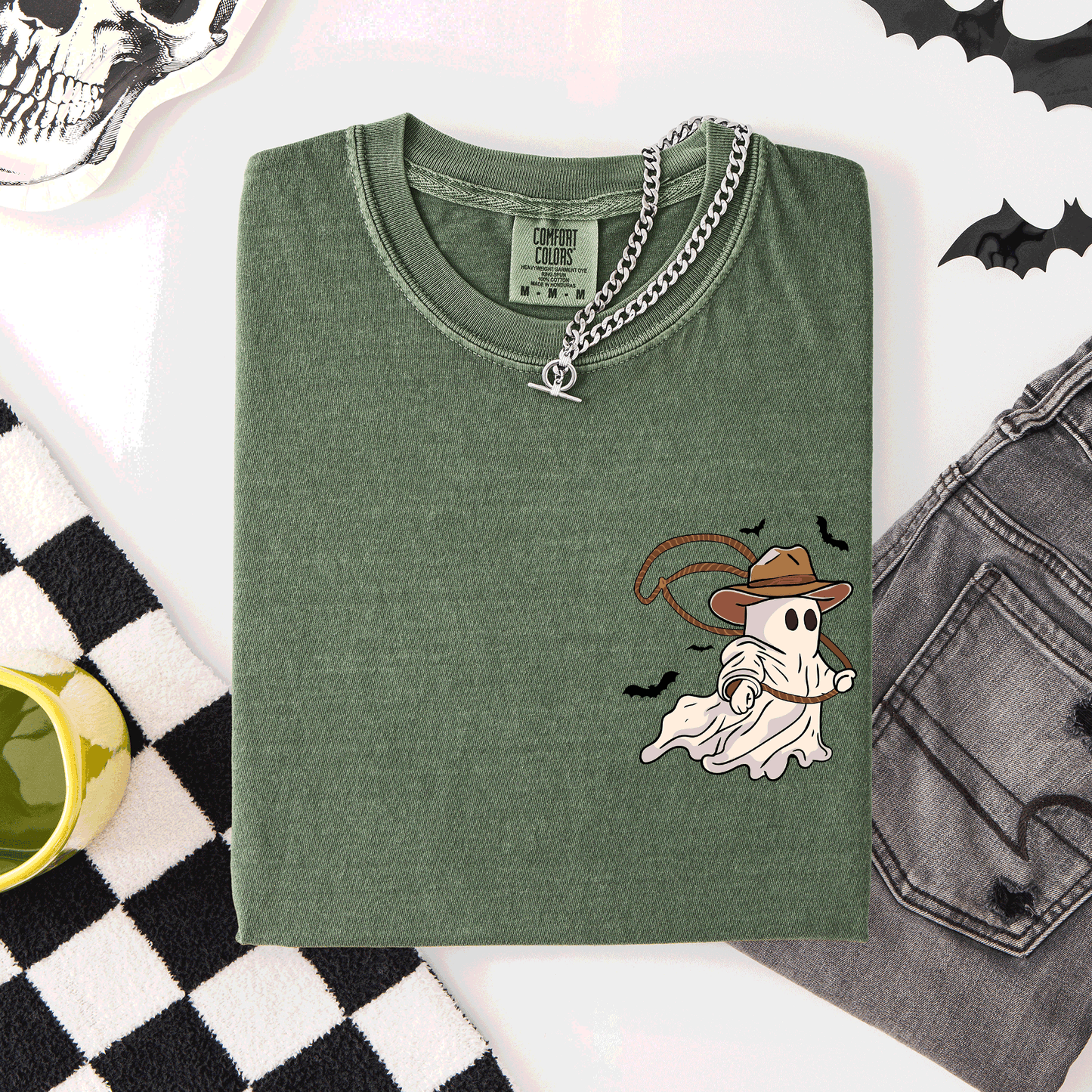 Moss green Cowboy Ghost, Lasso, Halloween, Cute, Western, Country, Pocket, Comfort Colors T-Shirt