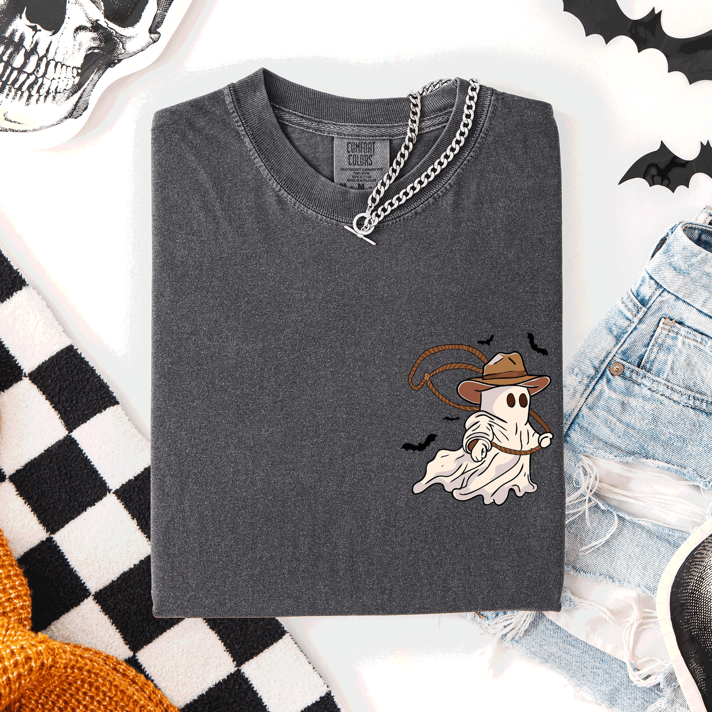 Pepper dark gray Cowboy Ghost, Lasso, Halloween, Cute, Western, Country, Pocket, Comfort Colors T-Shirt