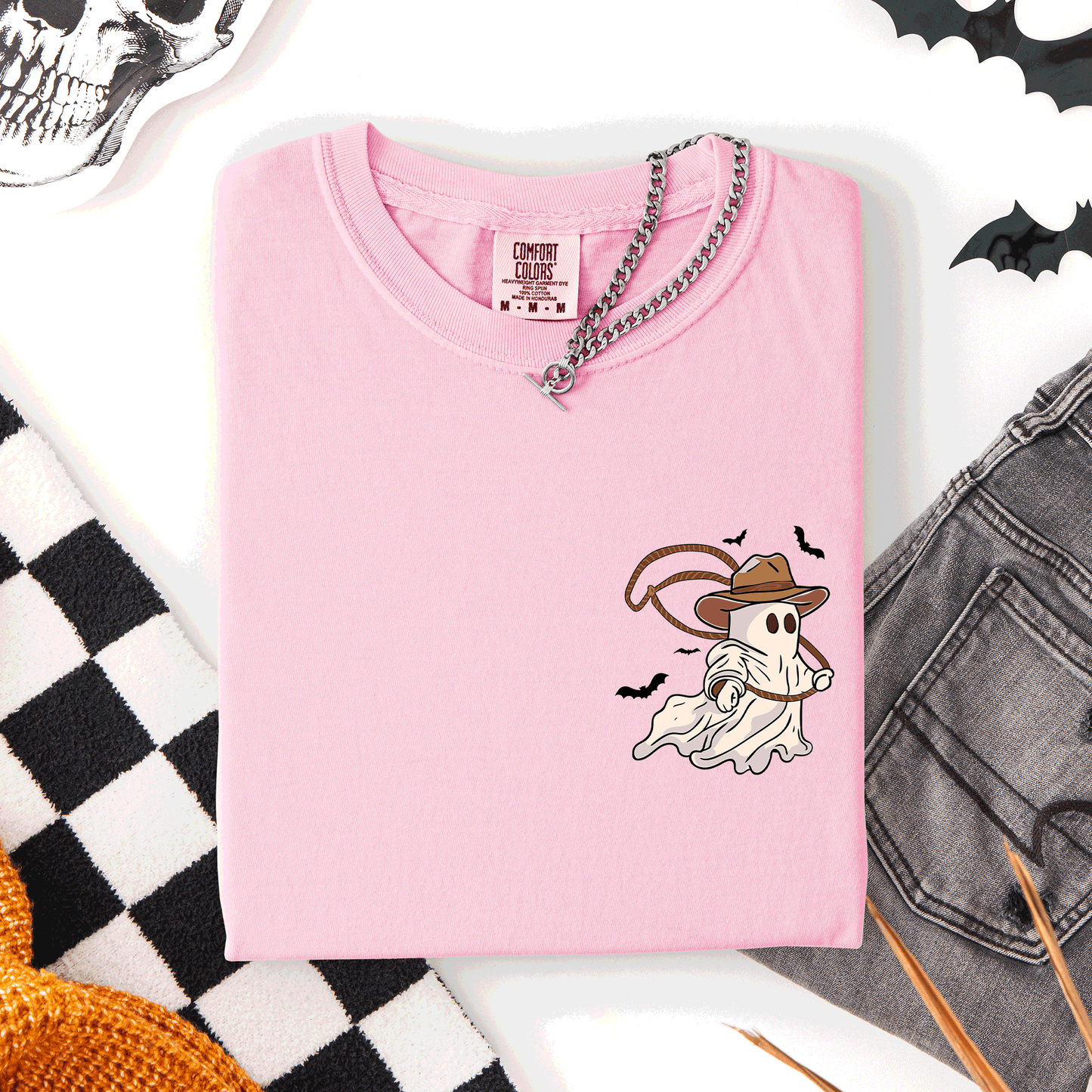 Soft pink Cowboy Ghost, Lasso, Halloween, Cute, Western, Country, Pocket, Comfort Colors T-Shirt