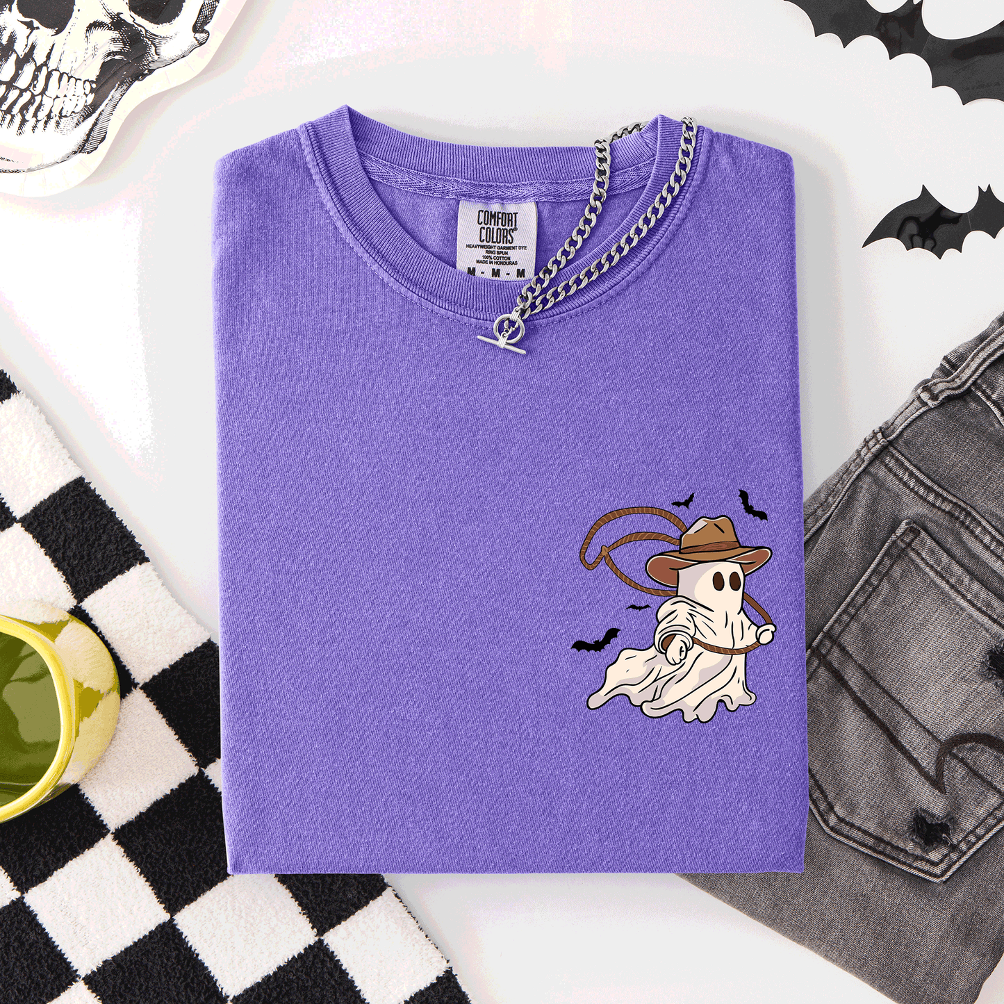 Purple Cowboy Ghost, Lasso, Halloween, Cute, Western, Country, Pocket, Comfort Colors T-Shirt