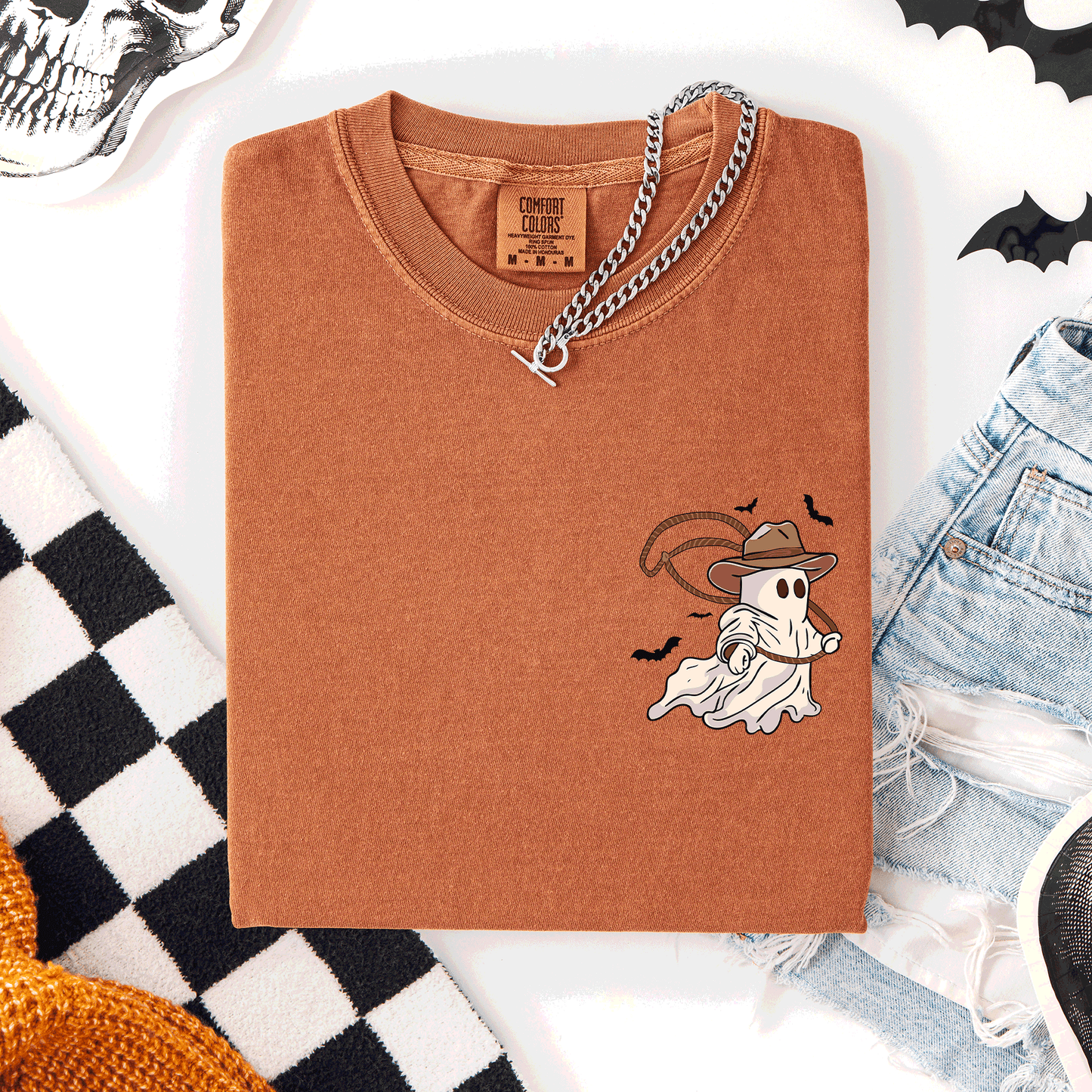 Orange Cowboy Ghost, Lasso, Halloween, Cute, Western, Country, Pocket, Comfort Colors T-Shirt