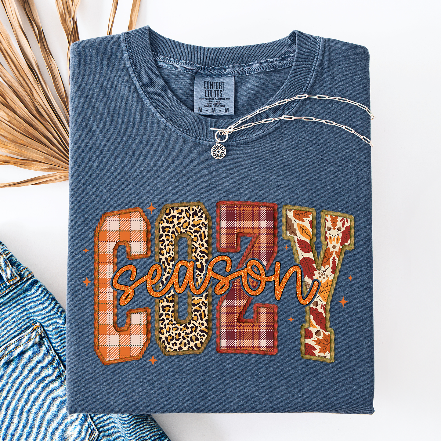 Indigo blue Cozy Season, Patterns, Fall Vibes, Retro Varsity, Autumn, Pumpkin, Comfort Colors T-Shirt