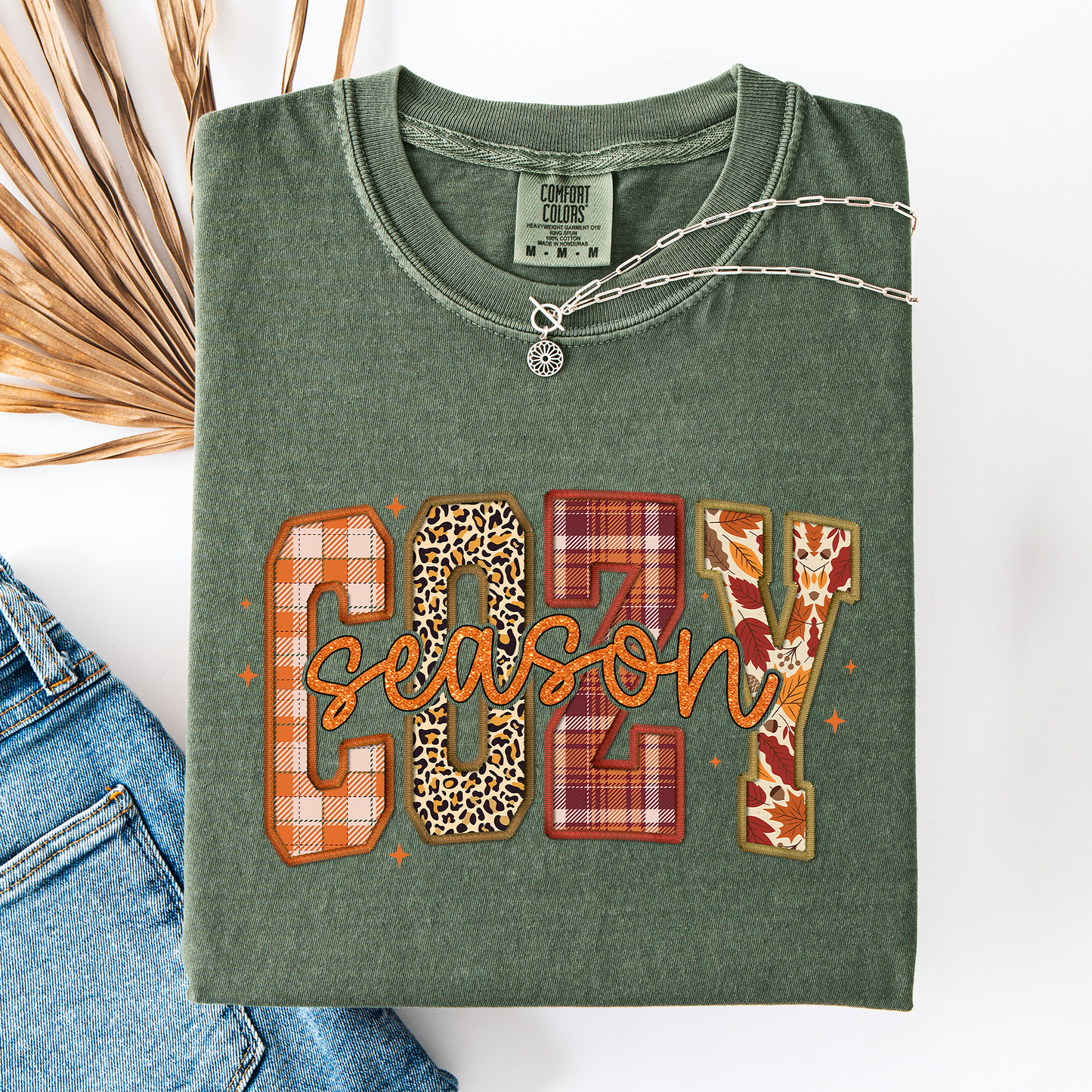 Moss green Cozy Season, Patterns, Fall Vibes, Retro Varsity, Autumn, Pumpkin, Comfort Colors T-Shirt