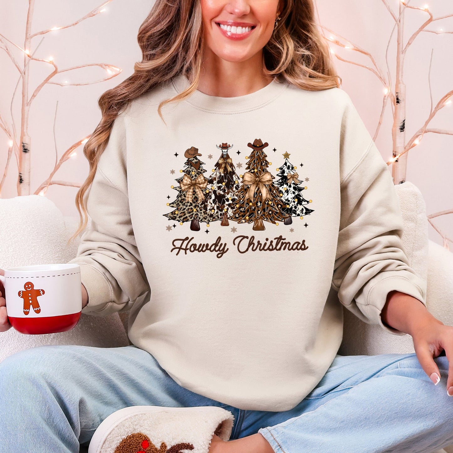 Cream Howdy Christmas, Western, Country, Santa, Christmas Trees Sweatshirt