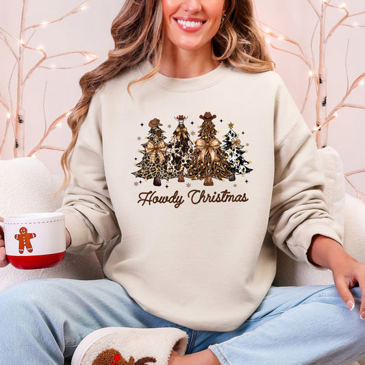 Cream Howdy Christmas, Western, Country, Santa, Christmas Trees Sweatshirt