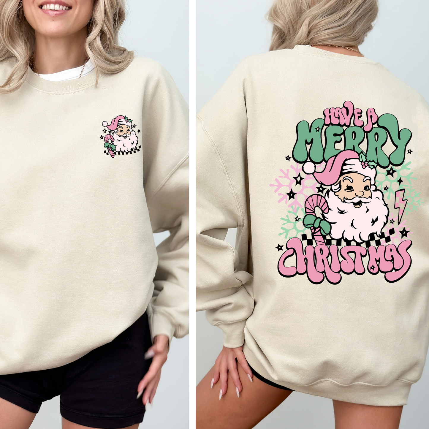SandHave A Merry Christmas, Retro, Front and Back, Santa, Trendy Sweatshirt