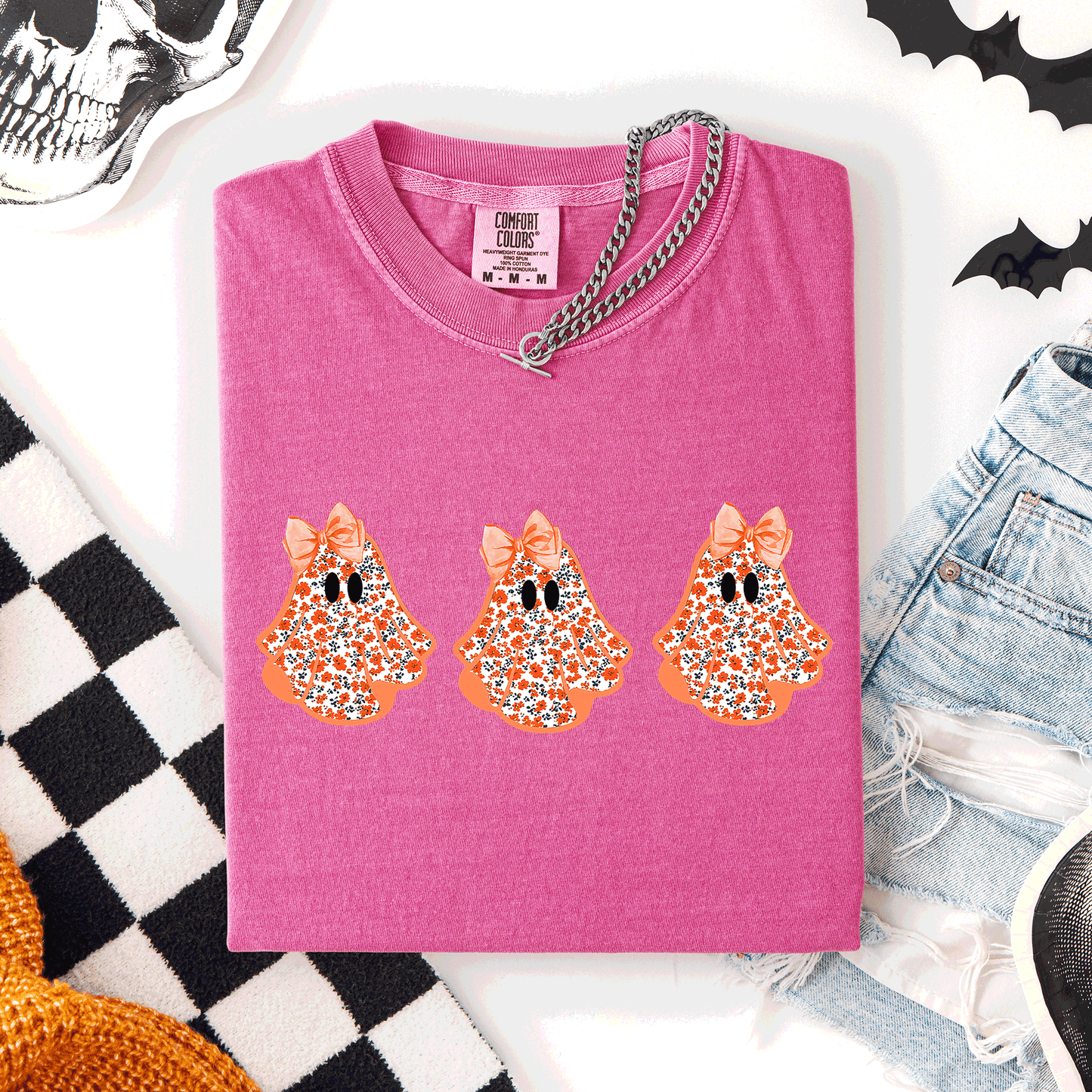 Bright pink Cute Halloween Ghosts, Pattern, Coquette, Comfort Colors T-Shirt