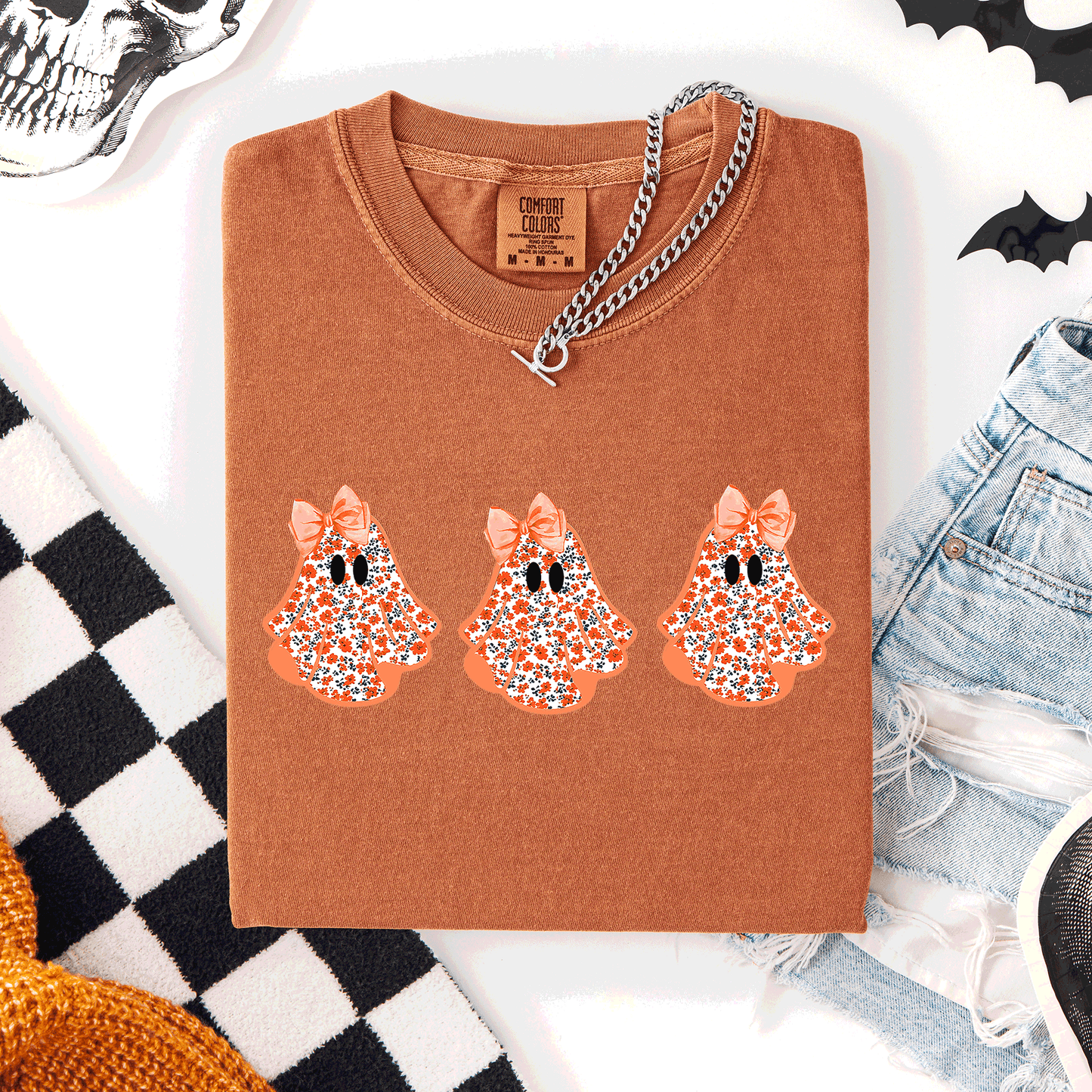Orange Cute Halloween Ghosts, Pattern, Coquette, Comfort Colors T-Shirt