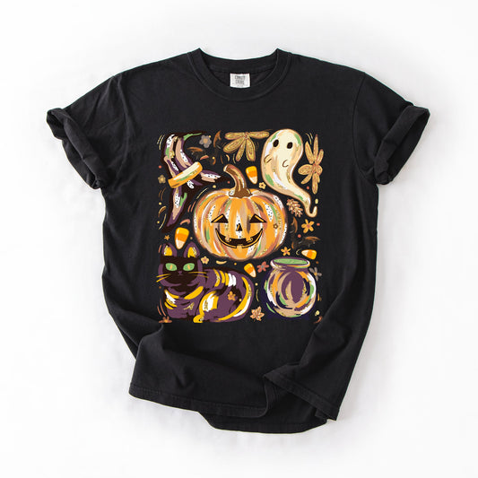 Black Cute Halloween Painted, Pumpkin, Black Cat, Ghost, Witch, Comfort Colors T-Shirt