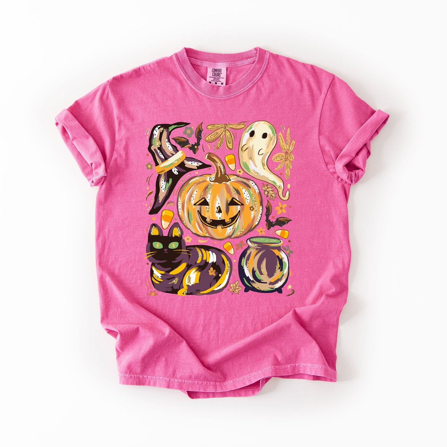 Bright pink Cute Halloween Painted, Pumpkin, Black Cat, Ghost, Witch, Comfort Colors T-Shirt