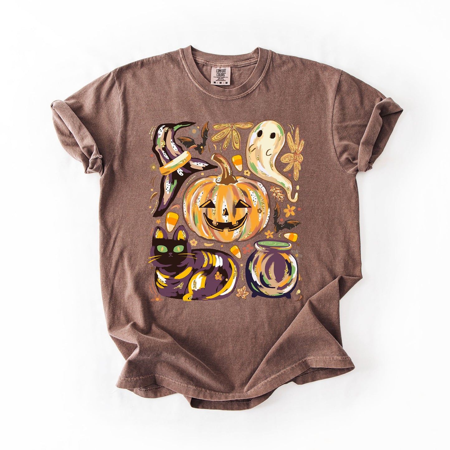 Brown Cute Halloween Painted, Pumpkin, Black Cat, Ghost, Witch, Comfort Colors T-Shirt